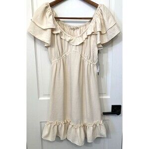 NWT Babydoll Liberty Love Ruffled Skater Boho Mini Dress M Peasant Cream Crinkle